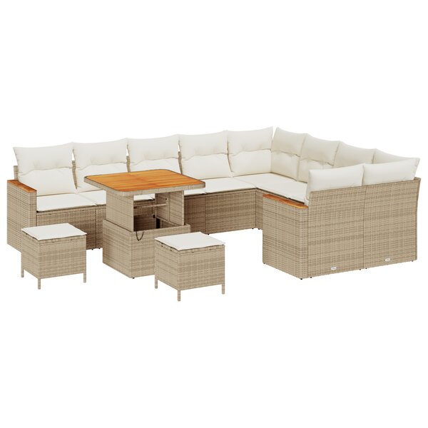 Ensemble de Canapés de Jardin 12 Pièces avec Coussins Beige en Rattan Poly Acacia