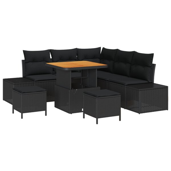Ensemble de canapé 8 pièces avec coussins en rotin poly noir