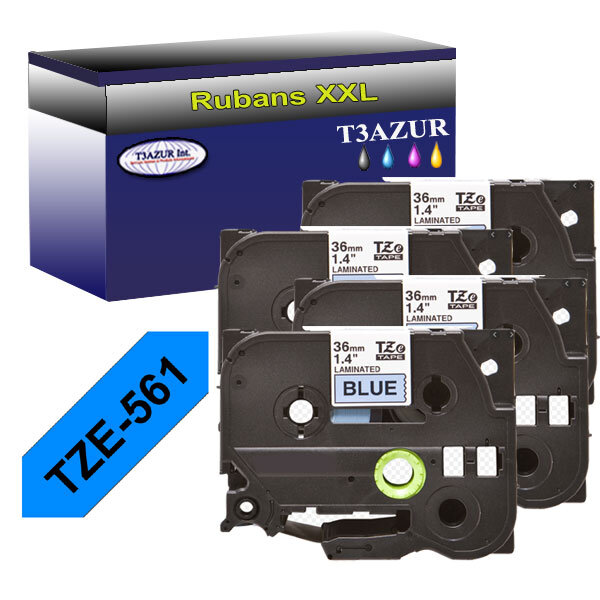 4 x Rubans d'étiquettes laminées générique Brother Tze-561 pour étiqueteuses P-touch - Texte noir sur fond bleu - T3AZUR
