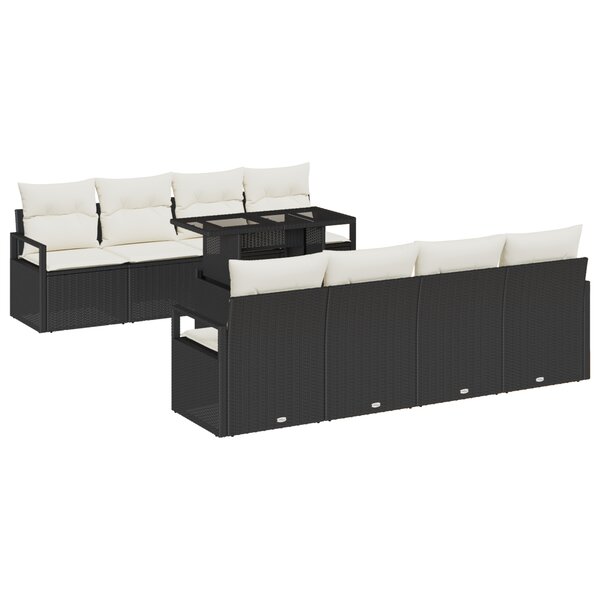 Ensemble de canapé de jardin 9 pièces avec coussins en rotin poly noir