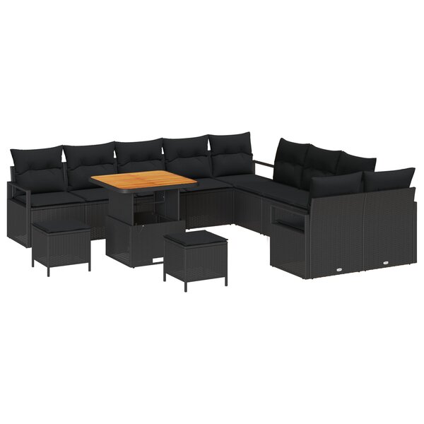 vidaXL Set de Canapés de Jardin de 13 Pièces avec Coussins Noir Poly Rattan Acacia