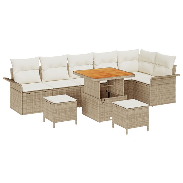 Ensemble de Canapé de Jardin 9 Pièces avec Coussins Beige Rattan Poly Acacia
