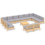 vidaXL Salon de jardin 13 Pièces avec coussins gris Bois de pin solide