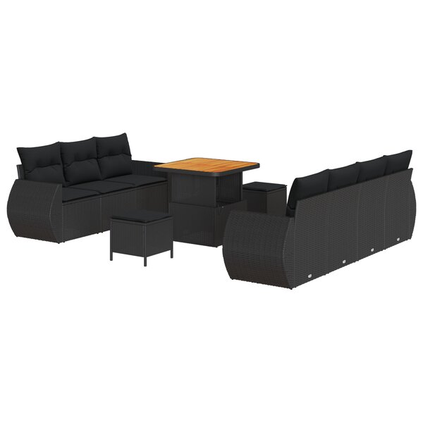 Ensemble de canapés de jardin vidaXL 10 pièces avec coussins en rattan poly noir acacia