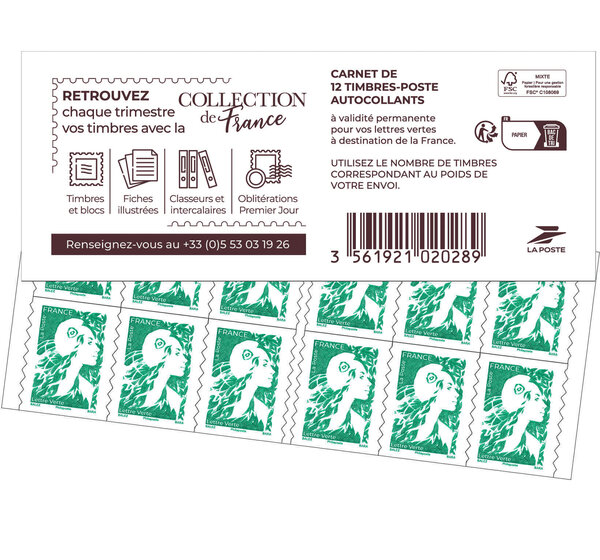 Carnet 12 timbres Marianne de l'avenir - Lettre Verte - Couverture Collection de France