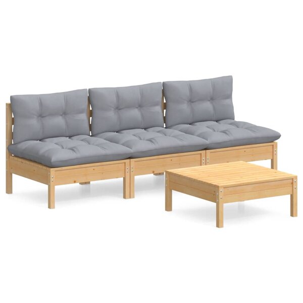 vidaXL Salon de jardin 4 Pièces avec coussins gris Bois de pin