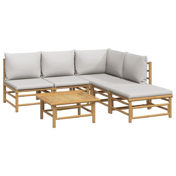 Salon de jardin meuble d'extérieur ensemble de mobilier 6 pièces avec coussins gris clair bambou 02_0016775