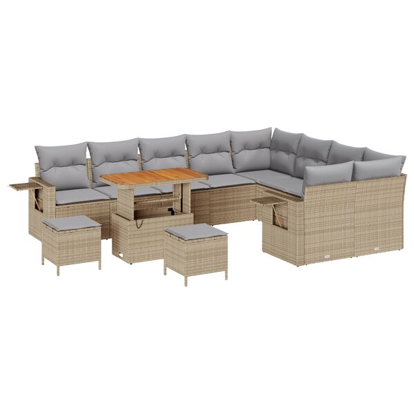 Ensemble de canapé de jardin 12 pièces avec coussins Beige Poly Rattan Acacia