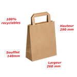 Lot de 25 sacs cabas en papier kraft brun marron havane avec poignée plate 260 x 140 x 290 mm 10 Litres résistant papier 80g/m² non imprimé