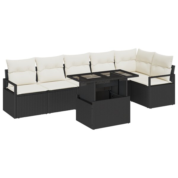 Ensemble de Canapé de Jardin 7 Pièces avec Coussins Noir Poly Rattan