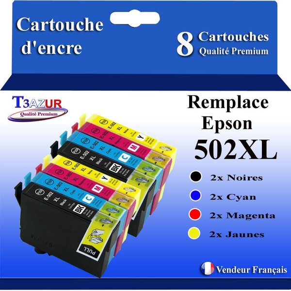 T3AZUR - 8x Cartouches compatibles avec Epson XP-5100  XP-5105  XP-5115  XP-5150  XP-5155  WorkForce WF-2860DWF  WF-2865DWF  WF-2880DWF  WF-2885DWF  502XL