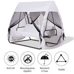 Balancelle de jardin convertible 3 places grand confort : matelas assise dossier  moustiquaire intégrale zippée avec toit   pochette rangement métal époxy polyester blanc