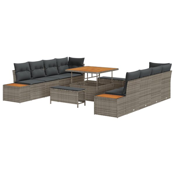 Ensemble de Canapé de Jardin 11 pièces avec Coussins Gris Poly Rattan Acacia