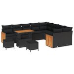 Ensemble de canapé de jardin 12 pièces avec coussins rotin noir acacia