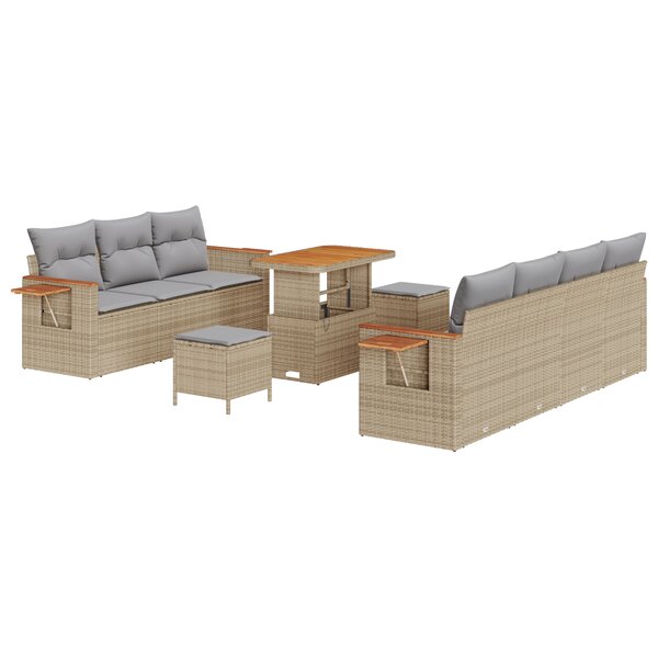 Ensemble de canapés de jardin 10 pièces avec coussins Beige Poly Rattan Acacia