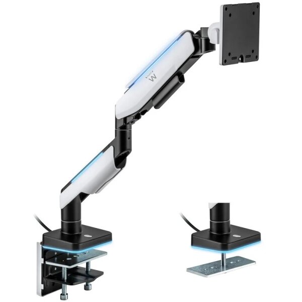 Support de table pour écran/TV RGB Ewent - Pivotant et inclinable - Éclairage RGB - Acier et aluminium - Compatible VESA - Charge maximale 20 kg - Bras articulé - Système de gestion des câbles - Blanc