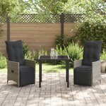 vidaXL Set de salle à manger de jardin 3 pièces avec coussins Gris Poly Rattan