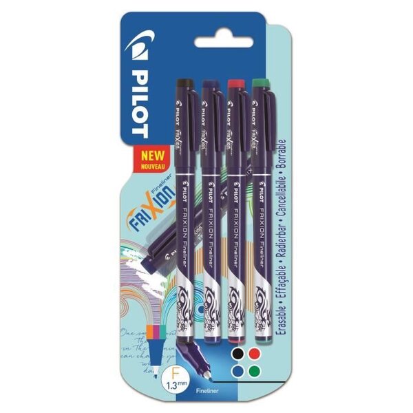 PILOT FriXion Fineliner sous blister - Pointe fine - Avec étui de 4 recharges : noir, bleu, rouge et vert