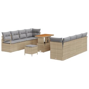 Ensemble de canapé de jardin 11 pièces avec coussins beige poly rotin acacia