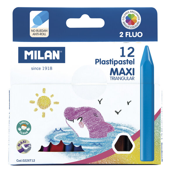 Crayon de cire Plastipastel MAXI triangulaires avec 2 couleurs fluo 12 pièces