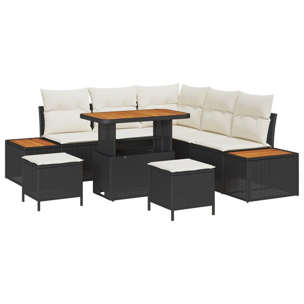 vidaXL Ensemble de canapé de jardin de 8 pièces avec coussins en poly rattan noir et acacia
