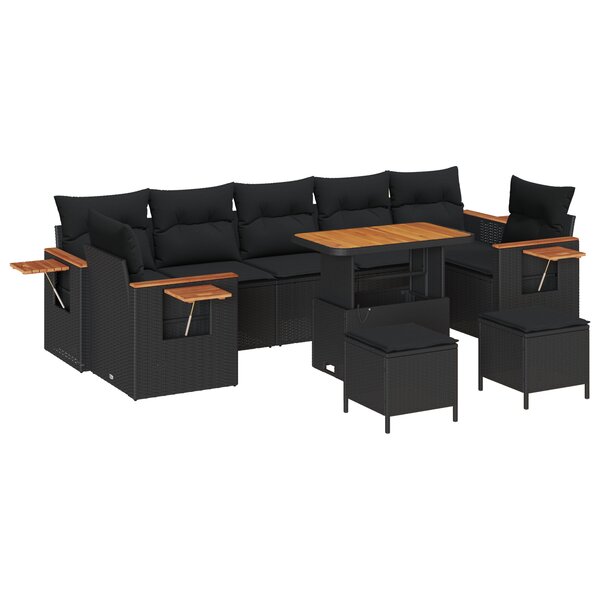 Ensemble de sofa de jardin 10 pièces vidaXL avec coussins en poly rattan noir acacia