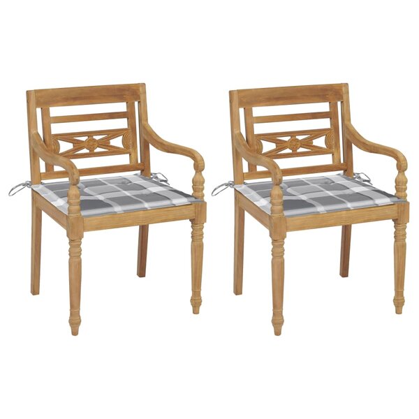 vidaXL Chaises Batavia 2 Pièces avec coussins à carreaux gris Teck massif