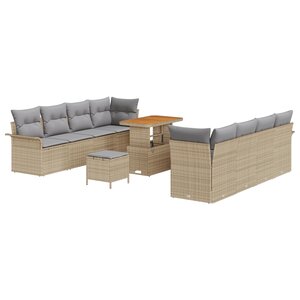 vidaXL Canapé de jardin 11 pièces avec coussins beige poly rattan acacia