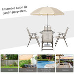 Ensemble salon de jardin 6 Pièces - table ronde + 4 chaises pliables + parasol - acier époxy café textilène polyester beige