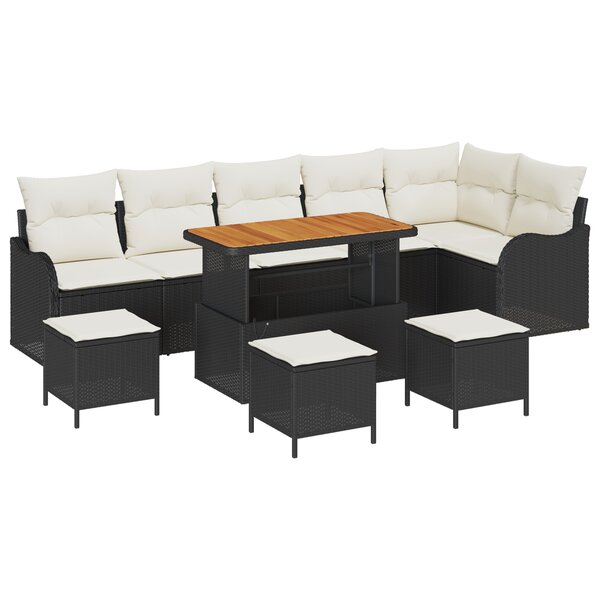 Ensemble de Canapé de Jardin 10 Pièces avec Coussins Noir Poly Rattan Acacia