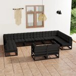 vidaXL Salon de jardin 12 Pièces avec coussins Noir Bois de pin massif