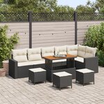 Ensemble de canapé de jardin 10 pièces avec coussins Noir Rotin Poly Acacia