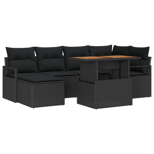 Ensemble de Canapés de Jardin 7 Pièces avec Coussins Noir Poly Rotin