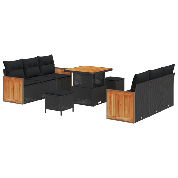 vidaXL Ensemble de Canapés de Jardin 9 Pièces avec Coussins Noir Rattan Poly Acacia