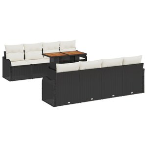 Canapé jardin 9 pièces avec coussins Noir Poly Rattan