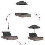 vidaXL Chaise longue double et coussins et parasol gris résine tressée