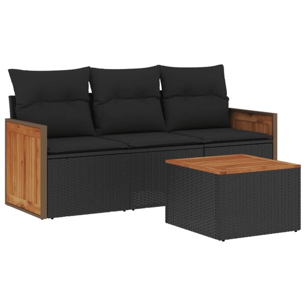 vidaXL Salon de jardin 4 Pièces avec coussins noir résine tressée