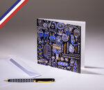 Carte double in the garden créée et imprimée en france sur papier certifié pefc - visages et fleurs - bleu  noir et or