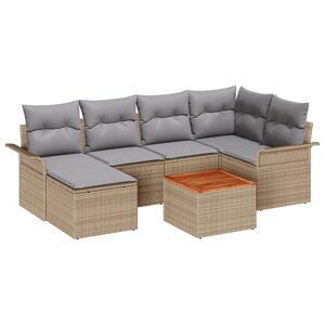vidaXL Ensemble de canapé de jardin de 7 pièces avec coussins Beige Poly Rattan Acacia
