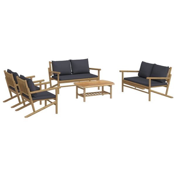 Salon de jardin meuble d'extérieur ensemble de mobilier 5 pièces avec coussins gris foncé bambou 02_0016392