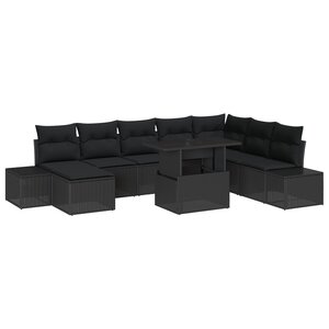 vidaXL Set de canapés de jardin 9 pièces avec coussins en poly rattan noir