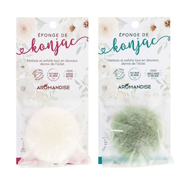 Duo d'éponges Konjac Nature et Konjac à l'argile verte et au thé vert