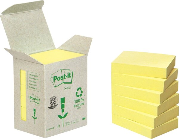 Lot de 6 Blocs Notes adhésives Recycling 38 x 51 mm Jaune POST-IT