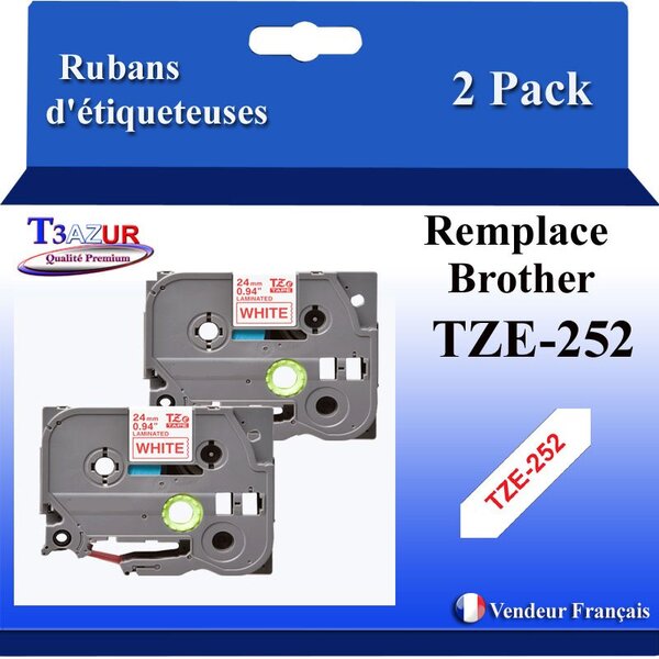 2x Rubans d'étiqueteuses compatibles avec Brother Tze252  Tze-252 pour étiqueteuses P-touch - Texte rouge sur fond blanc - Largeur 24 mm x 8 mètres - T3AZUR