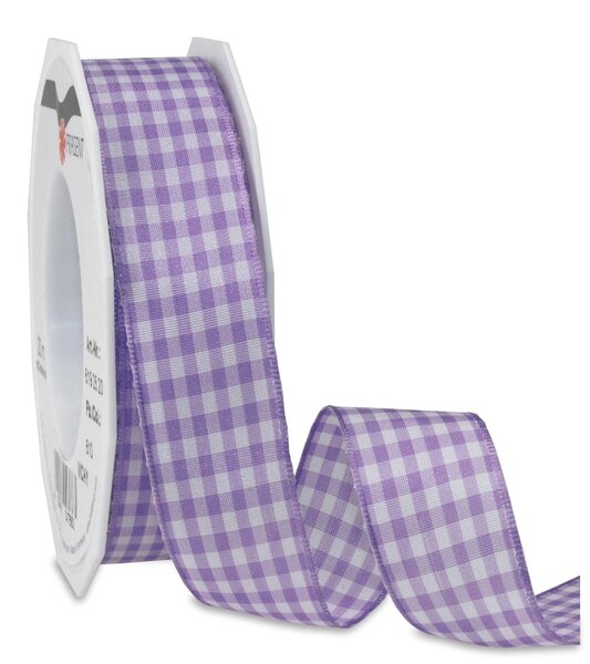 Ruban textile carreau de vichy 20-m-rouleau 25 mm mit draht lavande/blanc
