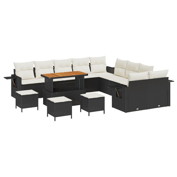 Ensemble de Canapé de Jardin de 14 Pièces avec Coussins Noir Rattan Poly Acacia