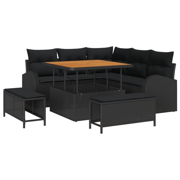Ensemble de canapé de jardin 8 pièces avec coussins poly rattan noir acacia