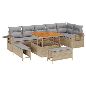 Ensemble de canapé de jardin de 9 pièces avec coussins beige en poly rotin acacia