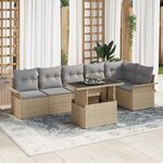 vidaXL Ensemble de Canapé de Jardin 7 Pièces avec Coussins Beige Rattan Poly