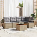 Ensemble de Canapés de Jardin de 6 pièces avec Coussins Beige Poly Rattan Acacia